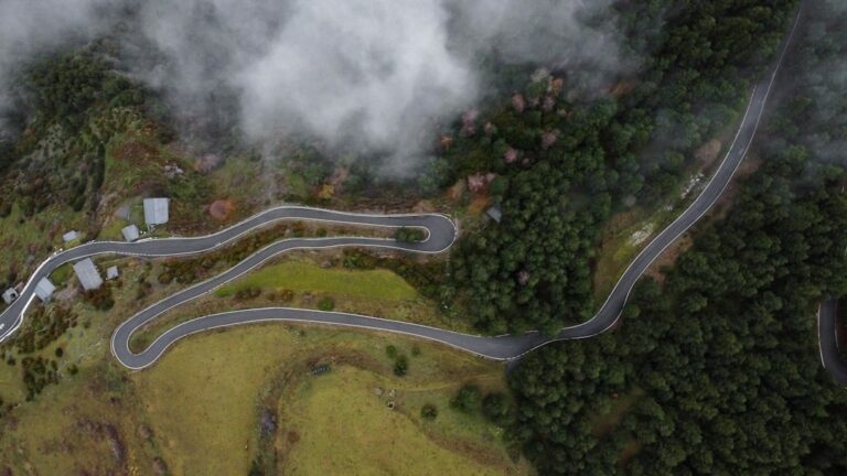 A winding mountain road seen from above, representing unexpected turns in travel